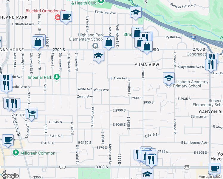 map of restaurants, bars, coffee shops, grocery stores, and more near 2887 Melbourne Street in Salt Lake City