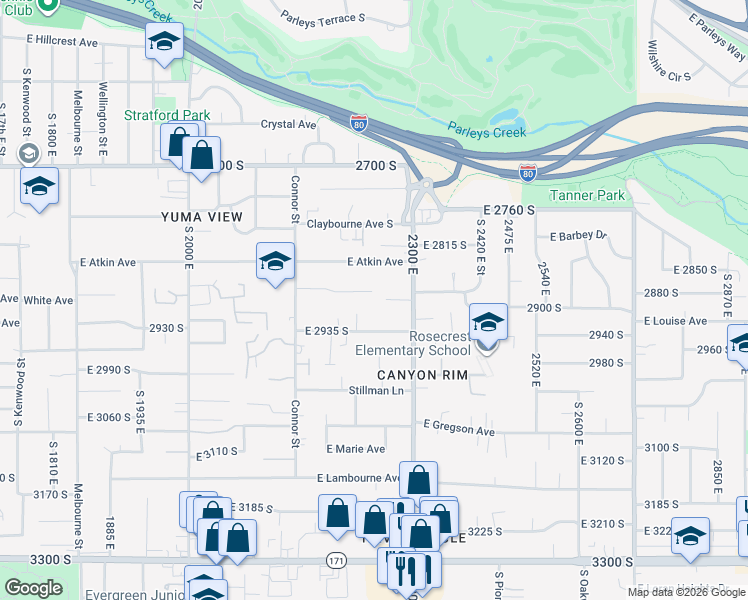 map of restaurants, bars, coffee shops, grocery stores, and more near 2250 East 2875 South Street in Salt Lake City