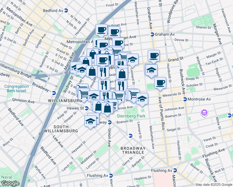 map of restaurants, bars, coffee shops, grocery stores, and more near 29 Scholes Street in Brooklyn