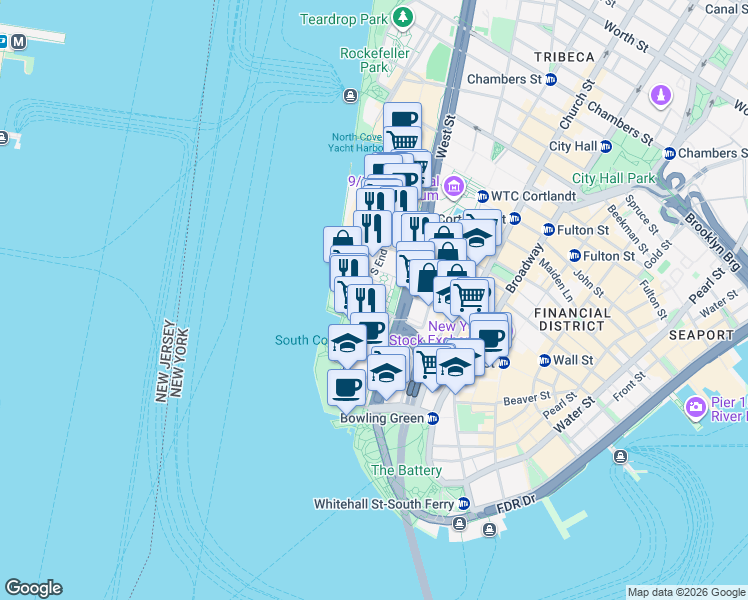 map of restaurants, bars, coffee shops, grocery stores, and more near 200 Rector Place in New York