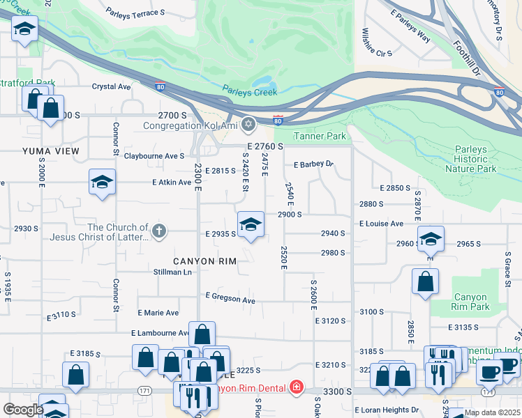 map of restaurants, bars, coffee shops, grocery stores, and more near 2465 East 2900 South in Salt Lake City