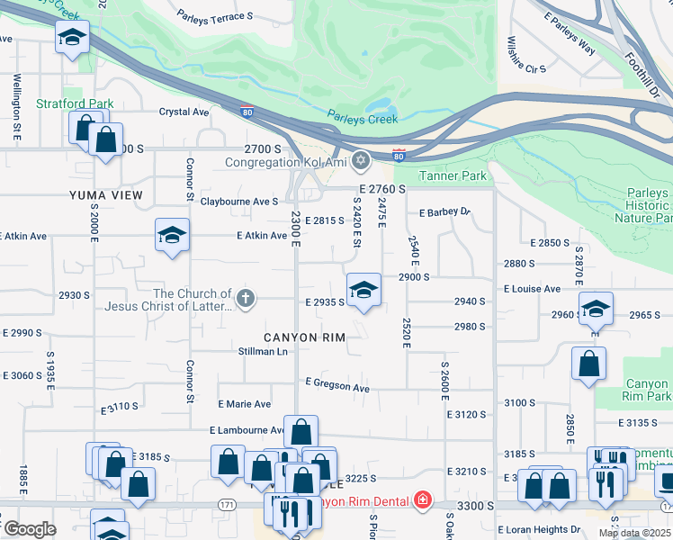 map of restaurants, bars, coffee shops, grocery stores, and more near 2386 Lakeview Drive in Salt Lake City