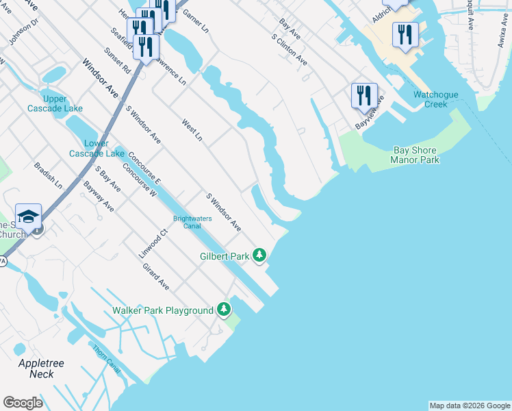 map of restaurants, bars, coffee shops, grocery stores, and more near 89 West Lane in Bay Shore