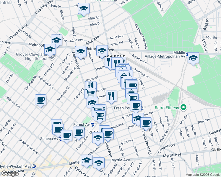 map of restaurants, bars, coffee shops, grocery stores, and more near 60-24 Gates Avenue in Queens