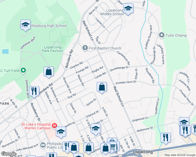 map of restaurants, bars, coffee shops, grocery stores, and more near 802 Lynda Road in Phillipsburg