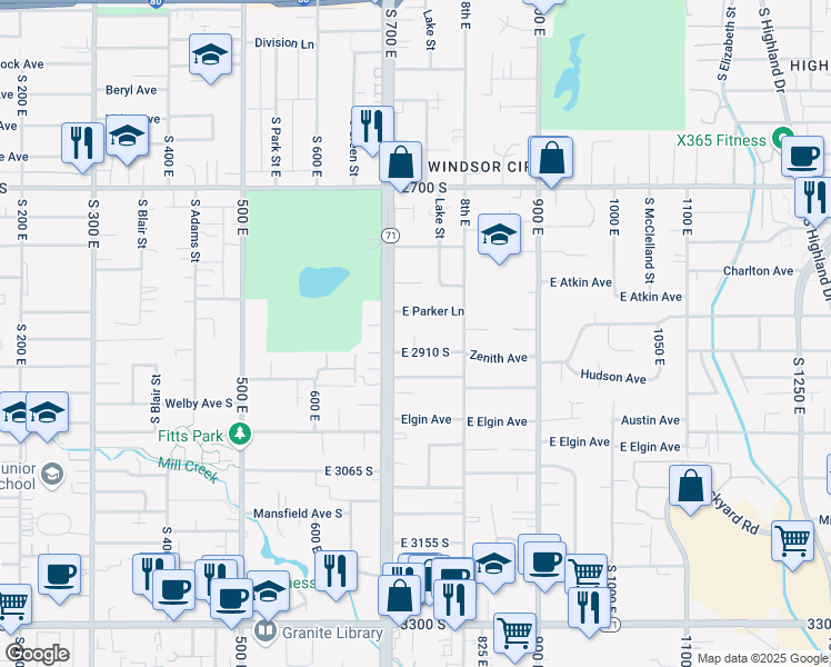 map of restaurants, bars, coffee shops, grocery stores, and more near 729 Zenith Avenue in Millcreek