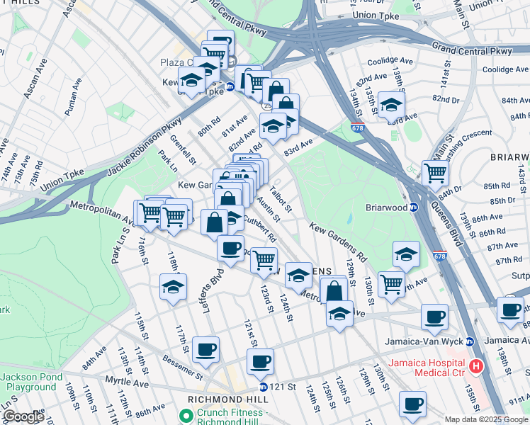 map of restaurants, bars, coffee shops, grocery stores, and more near 83-40 Austin Street in Queens