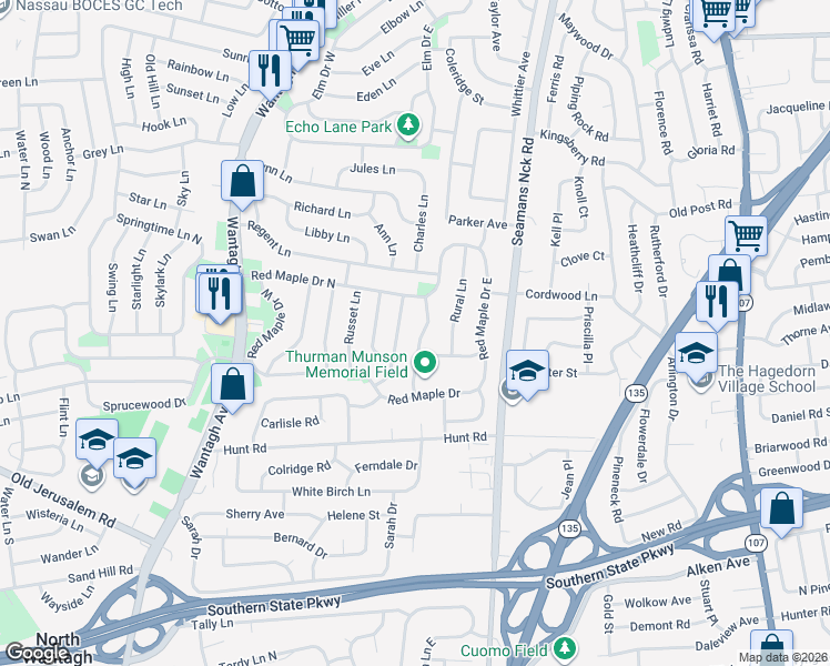 map of restaurants, bars, coffee shops, grocery stores, and more near 20 Return Lane in Levittown