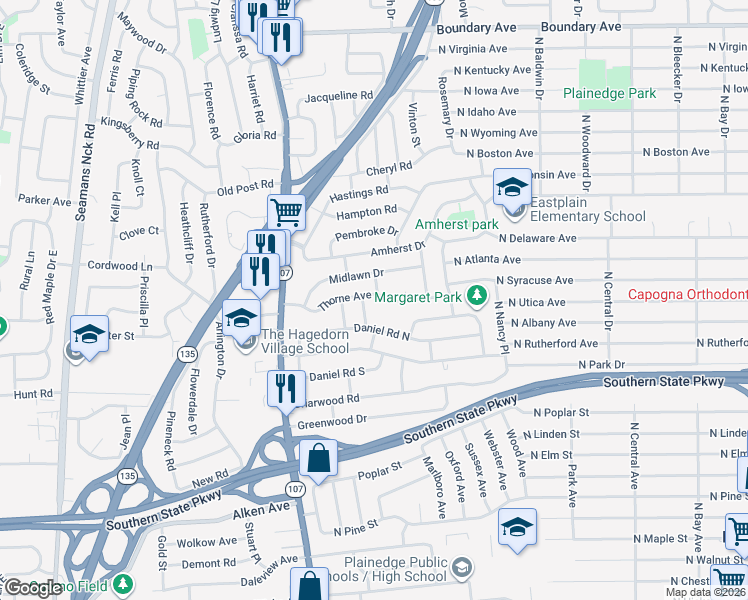 map of restaurants, bars, coffee shops, grocery stores, and more near 2 Thorne Avenue in Massapequa