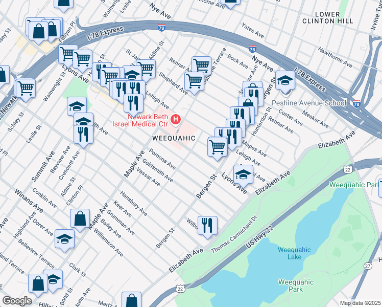 map of restaurants, bars, coffee shops, grocery stores, and more near 130 Lyons Avenue in Newark