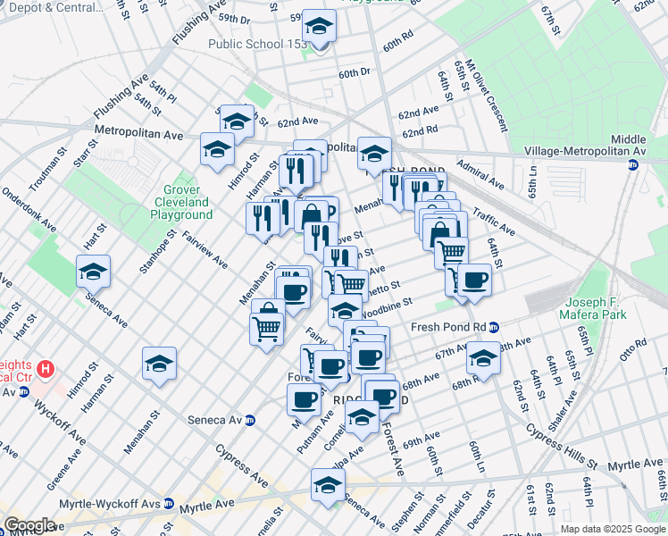 map of restaurants, bars, coffee shops, grocery stores, and more near 59-06 Linden Street in Queens