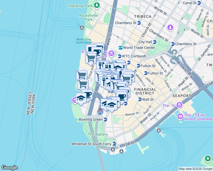 map of restaurants, bars, coffee shops, grocery stores, and more near 13-21 Rector Street in New York
