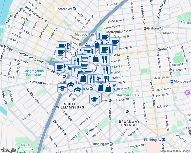 map of restaurants, bars, coffee shops, grocery stores, and more near 350 Hooper Street in Brooklyn