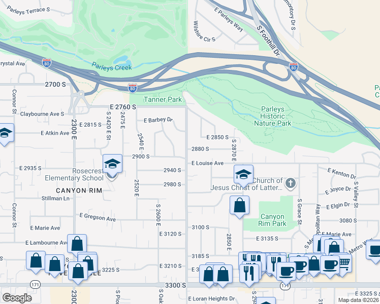 map of restaurants, bars, coffee shops, grocery stores, and more near 2885 South 2700 East in Salt Lake City
