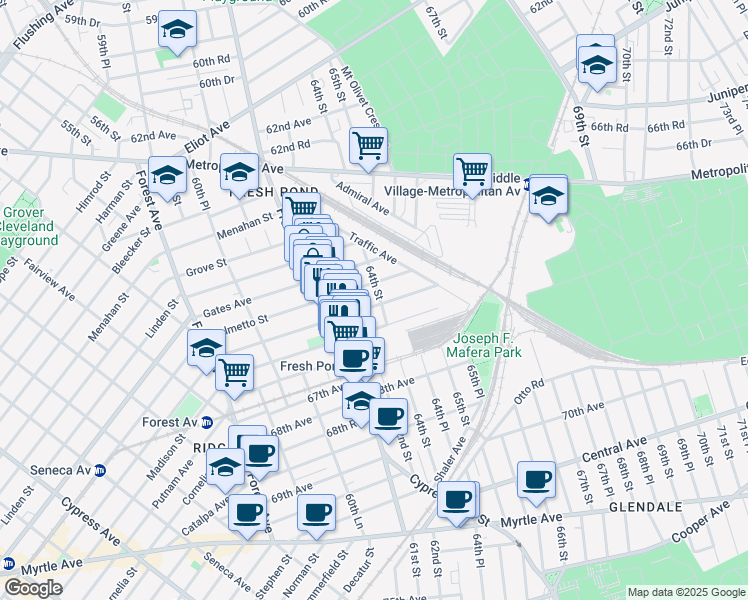 map of restaurants, bars, coffee shops, grocery stores, and more near 61-43 Woodbine Street in Queens