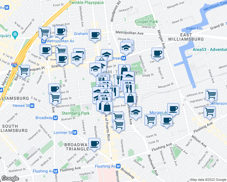 map of restaurants, bars, coffee shops, grocery stores, and more near 165 Meserole Street in Brooklyn