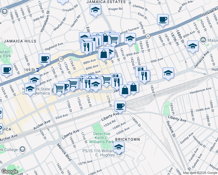 map of restaurants, bars, coffee shops, grocery stores, and more near 90-71 178th Street in Queens