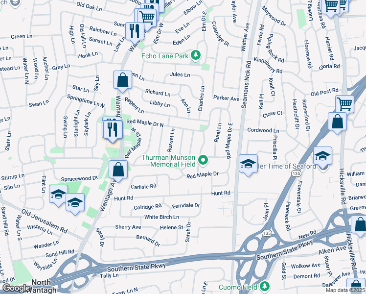 map of restaurants, bars, coffee shops, grocery stores, and more near 19 Radial Lane in Levittown