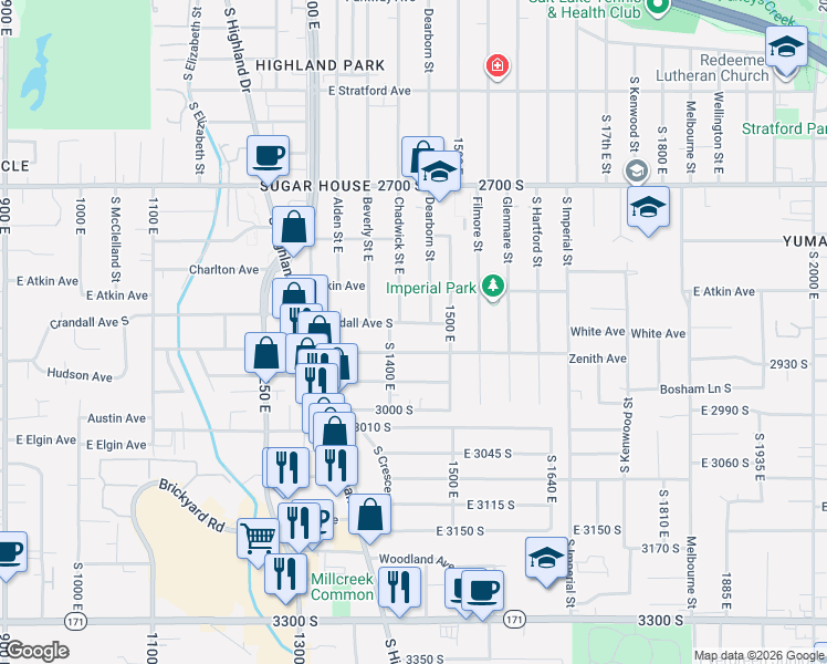map of restaurants, bars, coffee shops, grocery stores, and more near 1428 South Crandall Avenue in Salt Lake City