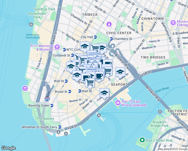 map of restaurants, bars, coffee shops, grocery stores, and more near 100 John Street in New York
