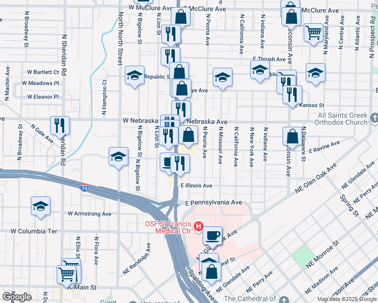map of restaurants, bars, coffee shops, grocery stores, and more near 1800 North Knoxville Avenue in Peoria