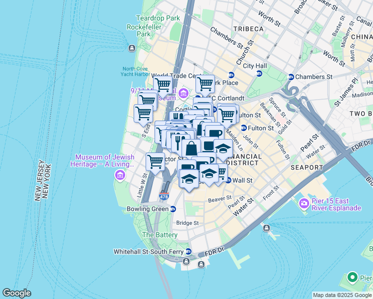 map of restaurants, bars, coffee shops, grocery stores, and more near in New York