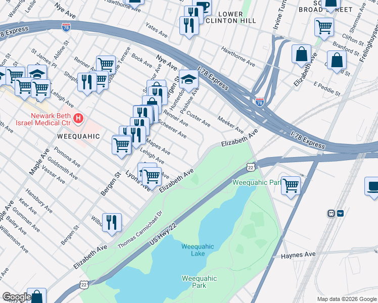map of restaurants, bars, coffee shops, grocery stores, and more near 22-24 Shephard Avenue in Newark