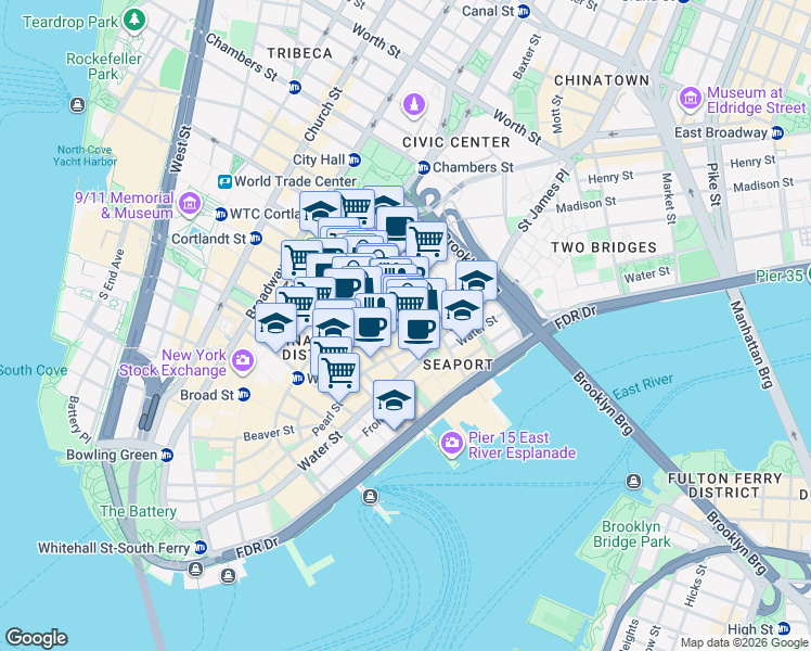 map of restaurants, bars, coffee shops, grocery stores, and more near Fulton St & Cliff St in New York
