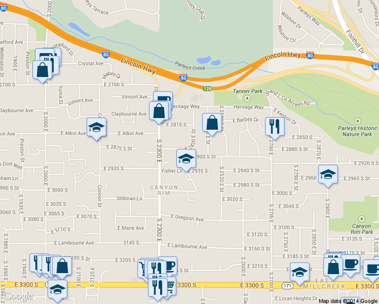 map of restaurants, bars, coffee shops, grocery stores, and more near 2881 Lakeview Drive in Salt Lake City