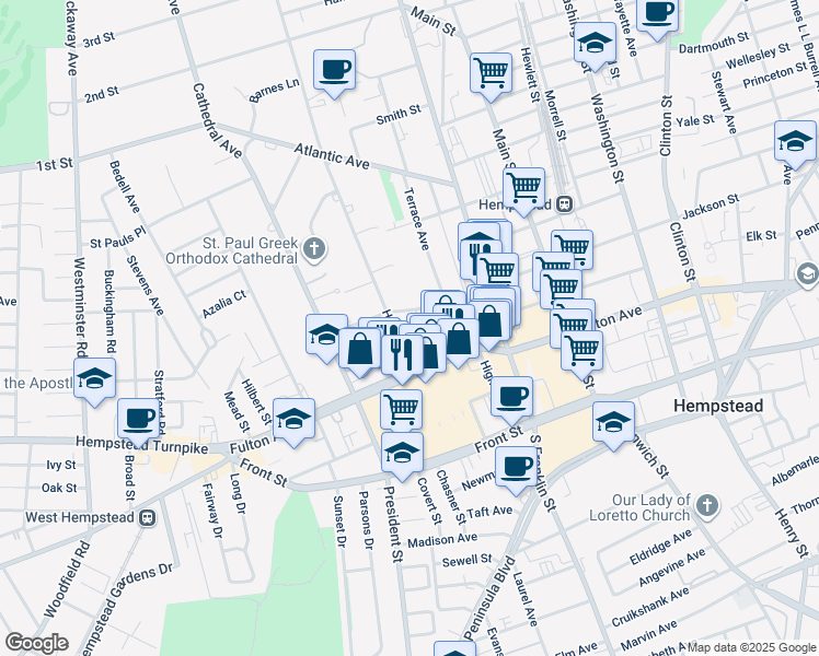 map of restaurants, bars, coffee shops, grocery stores, and more near 36 Hilton Avenue in Hempstead