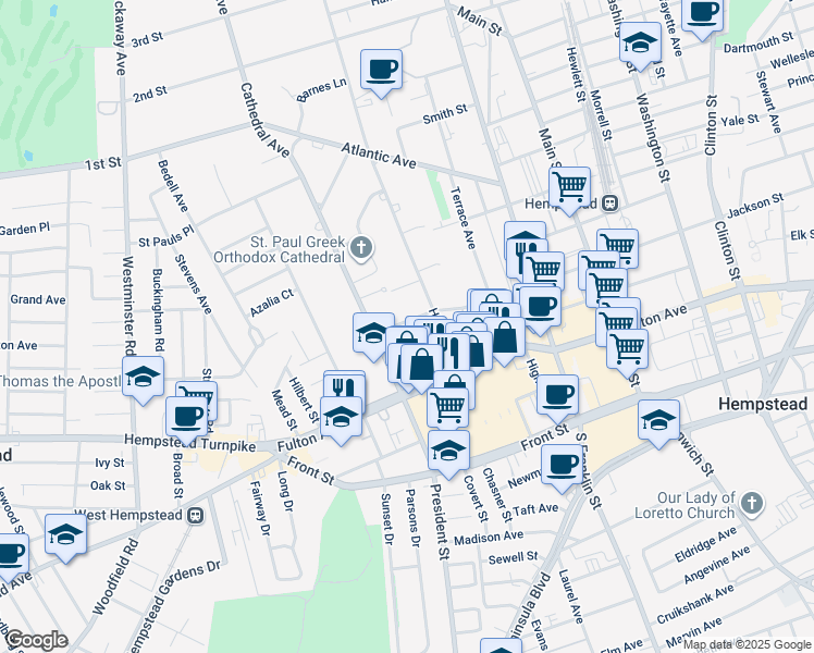 map of restaurants, bars, coffee shops, grocery stores, and more near 12 Mulford Place in Hempstead