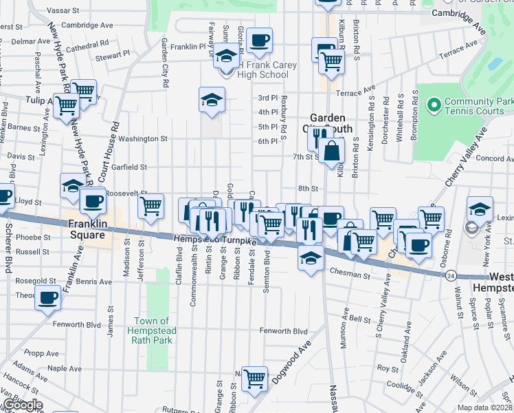 map of restaurants, bars, coffee shops, grocery stores, and more near 69 Carl Avenue in Franklin Square