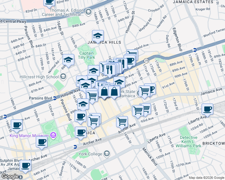 map of restaurants, bars, coffee shops, grocery stores, and more near 88-05 Merrick Boulevard in Queens