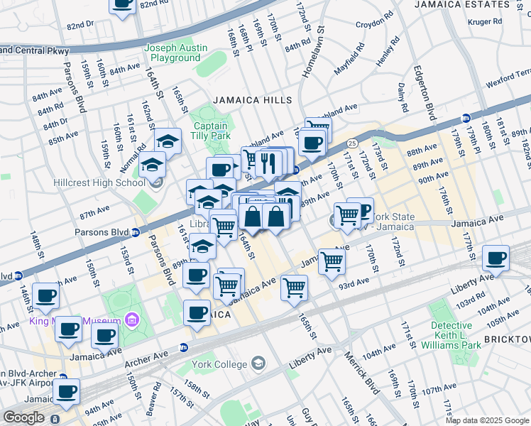 map of restaurants, bars, coffee shops, grocery stores, and more near 88-05 Merrick Boulevard in Queens
