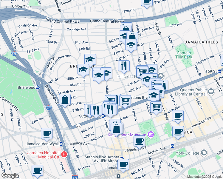 map of restaurants, bars, coffee shops, grocery stores, and more near 148-29 86th Avenue in Queens