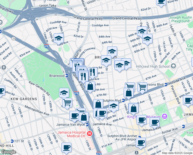 map of restaurants, bars, coffee shops, grocery stores, and more near 139-49 86th Avenue in Queens