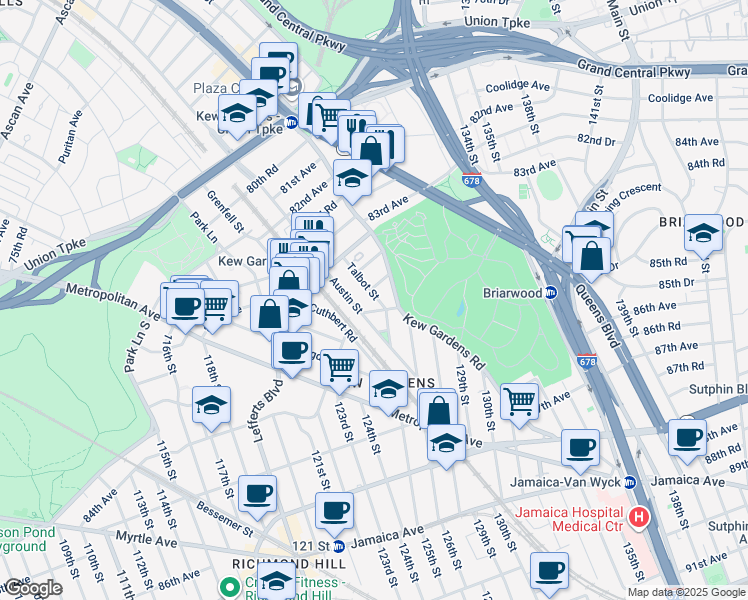 map of restaurants, bars, coffee shops, grocery stores, and more near 84-24 Kew Gardens Road in Queens