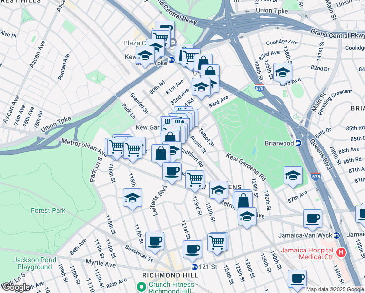 map of restaurants, bars, coffee shops, grocery stores, and more near 84-15 Cuthbert Road in Queens