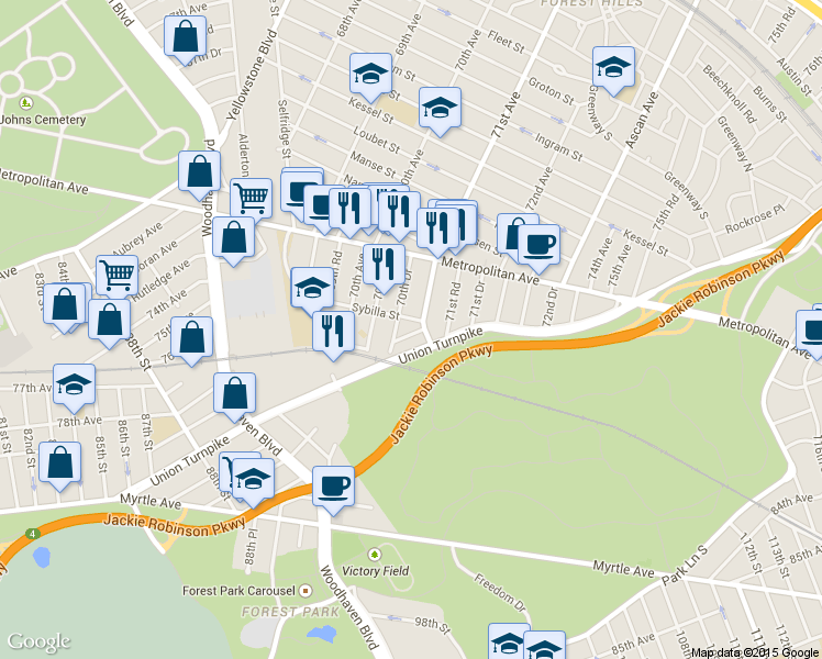 map of restaurants, bars, coffee shops, grocery stores, and more near 70-42 Sybilla Street in Queens