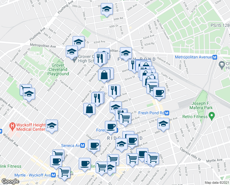 map of restaurants, bars, coffee shops, grocery stores, and more near in Queens