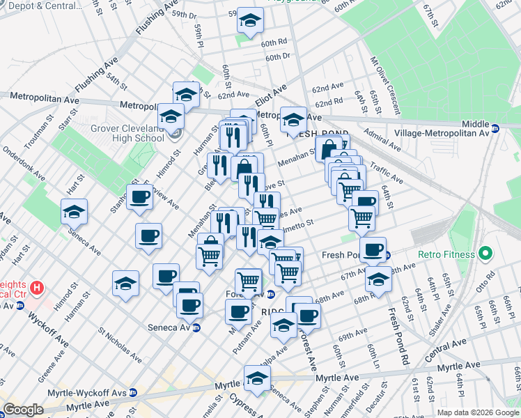 map of restaurants, bars, coffee shops, grocery stores, and more near in Queens