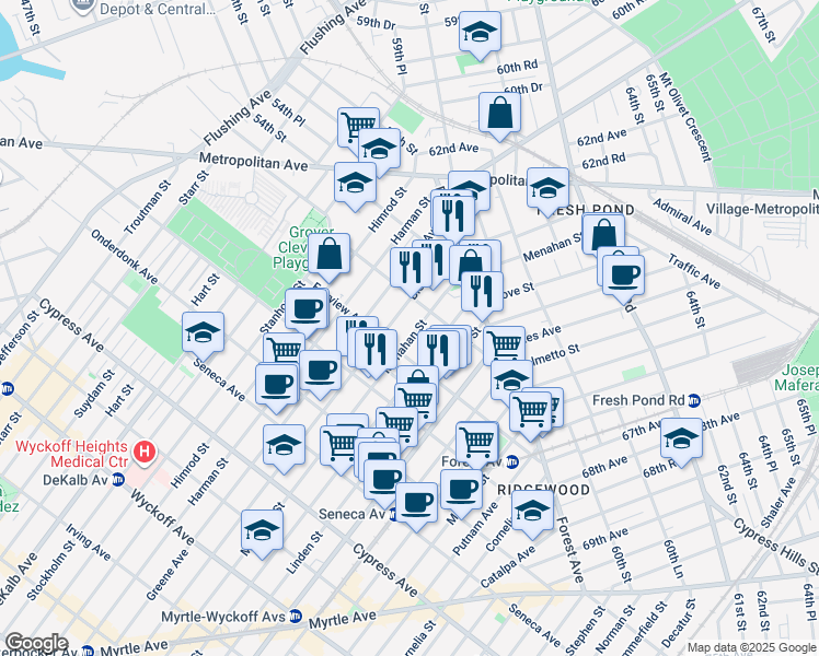 map of restaurants, bars, coffee shops, grocery stores, and more near 20-32 Menahan Street in Queens