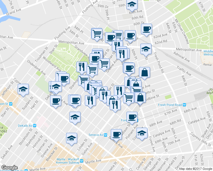 map of restaurants, bars, coffee shops, grocery stores, and more near 20-13 Bleecker Street in Queens