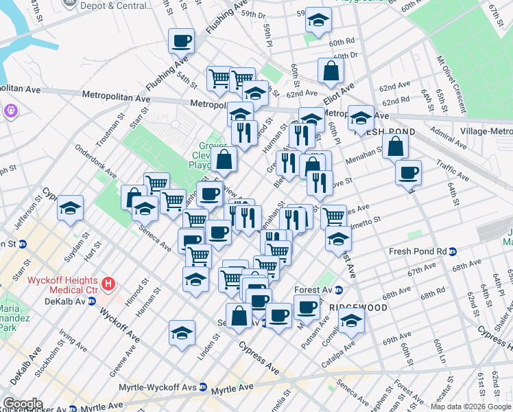 map of restaurants, bars, coffee shops, grocery stores, and more near 20-13 Bleecker Street in Queens