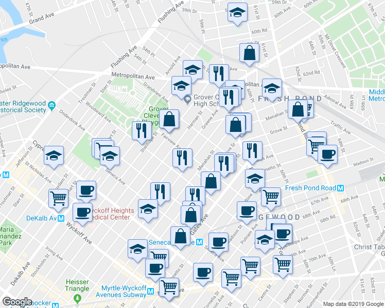 map of restaurants, bars, coffee shops, grocery stores, and more near 20-13 Bleecker Street in Queens