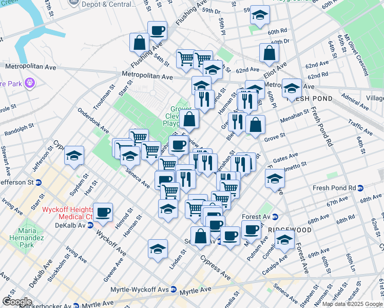 map of restaurants, bars, coffee shops, grocery stores, and more near 19-31 Greene Avenue in Queens