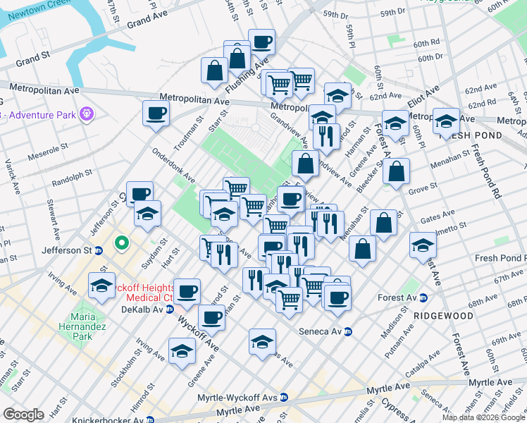 map of restaurants, bars, coffee shops, grocery stores, and more near 1894 Stanhope Street in Queens