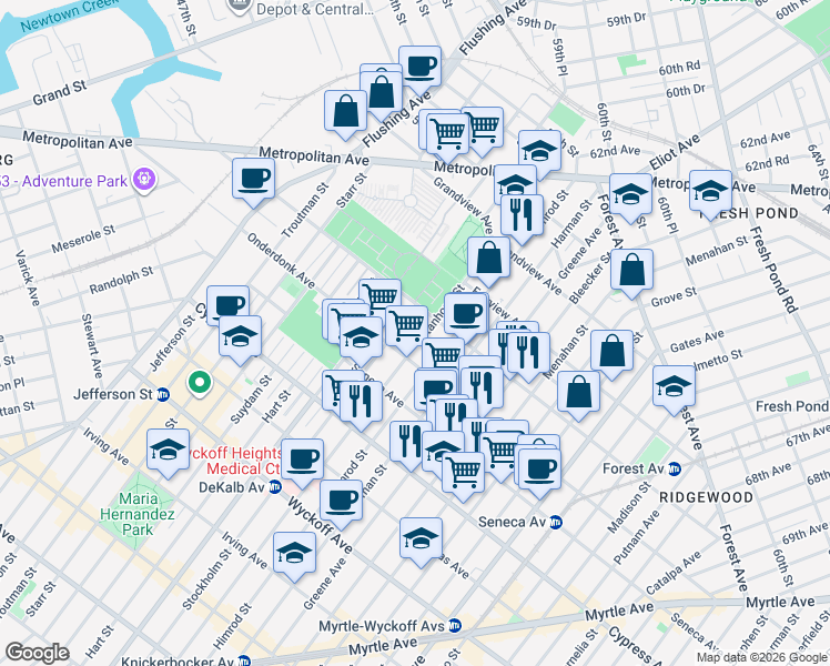 map of restaurants, bars, coffee shops, grocery stores, and more near 1894 Stanhope Street in Queens