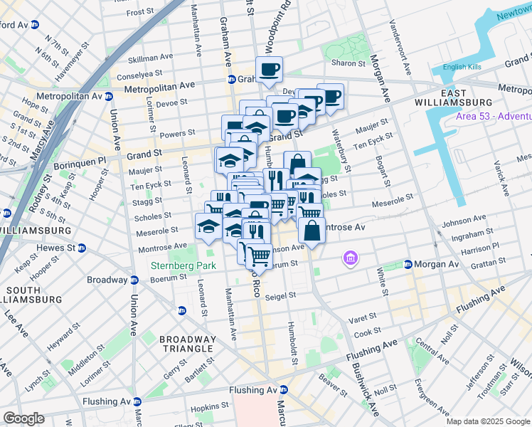 map of restaurants, bars, coffee shops, grocery stores, and more near 165 Meserole Street in Brooklyn