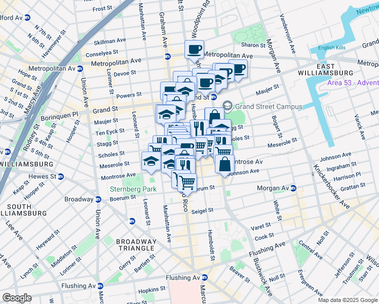 map of restaurants, bars, coffee shops, grocery stores, and more near 165 Meserole Street in Brooklyn